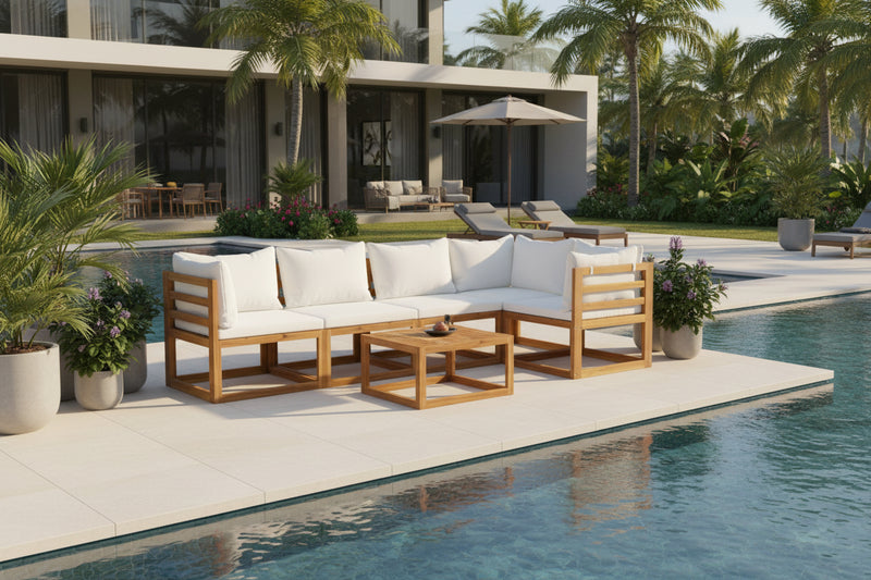 Salon de jardin 6 pcs avec coussin Crème Bois d'Meublori solide