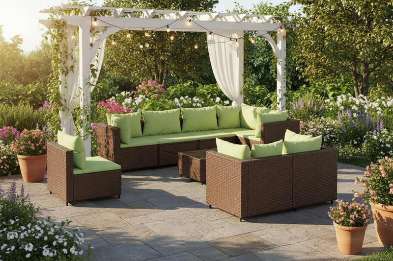 Salon de jardin avec coussins 9 pièces marron résine tressée