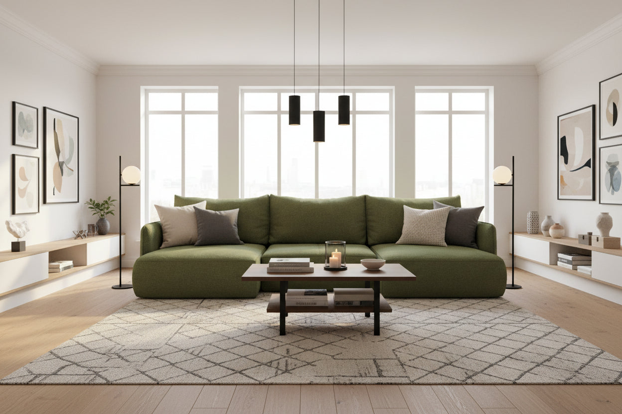 Canapé d'angle panoramique convertible en tissu chenille - verte bouteille - Meublori